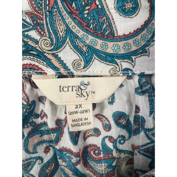 Terra & Sky Blue Paisley Ruffle Sleeve Top Size 2X - Picture 4 of 6